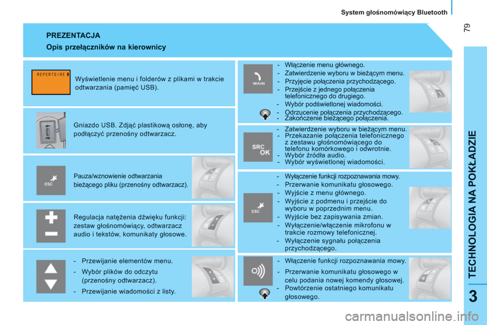 Peugeot Bipper 2011  Instrukcja Obsługi (in Polish) 79
TECHNOLOGIA NA POKŁADZI
E
   
System głośnomówiący Bluetooth  
3
 
PREZENTACJA 
Regulacja natężenia dźwięku funkcji:
zestaw głośnomówiący, odtwarzacz
audio i tekstów, komunikaty głos