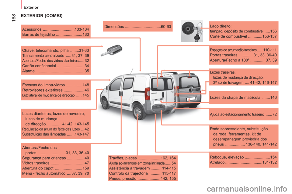 Peugeot Bipper 2011 Manual do proprietário (in Portuguese) 168
Exterior
EXTERIOR (COMBI)
Travões, placas .................... 162, 164
Ajuda ao arranque em zona inclinada ...... 54
Assistência à travagem .......... 114-115
Cont Peugeot Bipper 2011 Manual do proprietário (in Portuguese) 168
Exterior
EXTERIOR (COMBI)
Travões, placas .................... 162, 164
Ajuda ao arranque em zona inclinada ...... 54
Assistência à travagem .......... 114-115
Cont