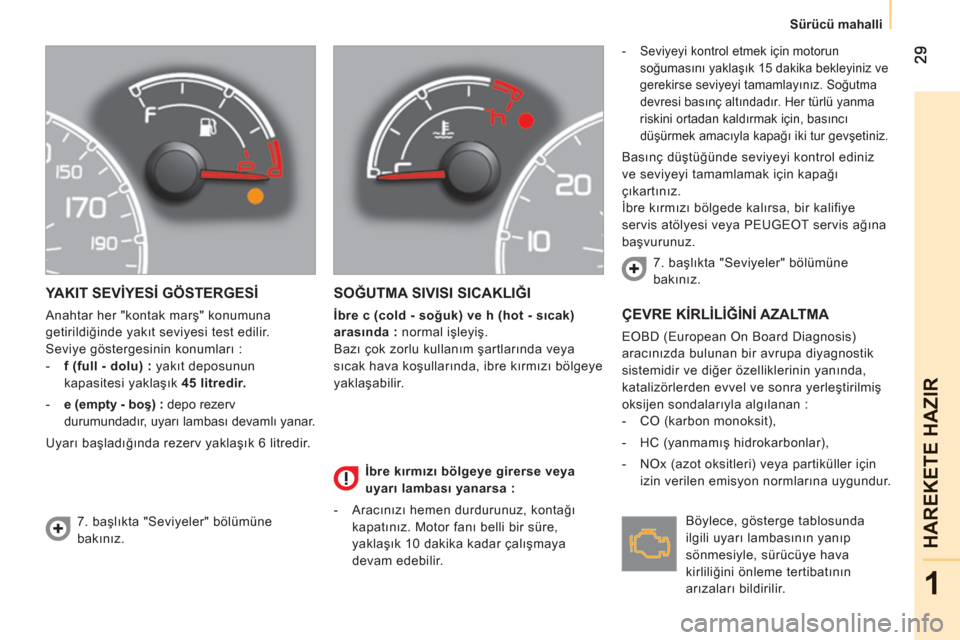 Peugeot Bipper 2011  Kullanım Kılavuzu (in Turkish) 1
HAREKETE HAZIR
   
 
Sürücü mahalli  
 
 
YAKIT SEVİYESİ GÖSTERGESİ
 
Anahtar her "kontak marş" konumuna 
getirildiğinde yakıt seviyesi test edilir. 
  Seviye göstergesinin konumları : 

