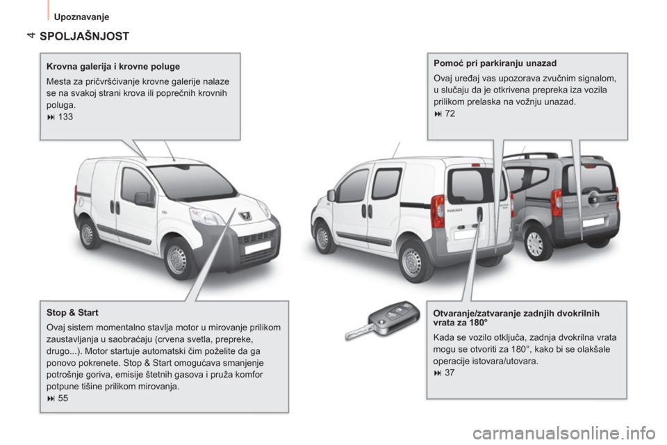 Peugeot Bipper 2011  Упутство за употребу (in Serbian) 4
  Upoznavanje 
 
SPOLJAŠNJOST
 
 
Krovna galerija i krovne poluge 
  Mesta za pričvršćivanje krovne galerije nalaze 
se na svakoj strani krova ili poprečnih krovnih 
poluga. 
   
 
� 
 133  
 