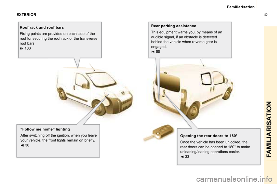 Peugeot Bipper 2008.5  Owners Manual 5
 Familiarisation 
 FAMILIARISATION 
 EXTERIOR    Roof rack and roof bars  
 Fixing points are provided on each side of the  
roof for securing the roof rack or the transverse 
roof bars. 
   
�  