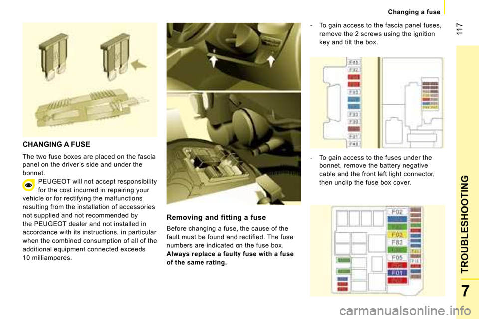 Peugeot Bipper 2008.5  Owners Manual 117
7
TROUBLESHOOTING
   Changing a fuse   
 CHANGING A FUSE 
 The two fuse boxes are placed on the fascia  
panel on the driver ’s side and under the 
bonnet.  PEUGEOT will not accept responsibilit