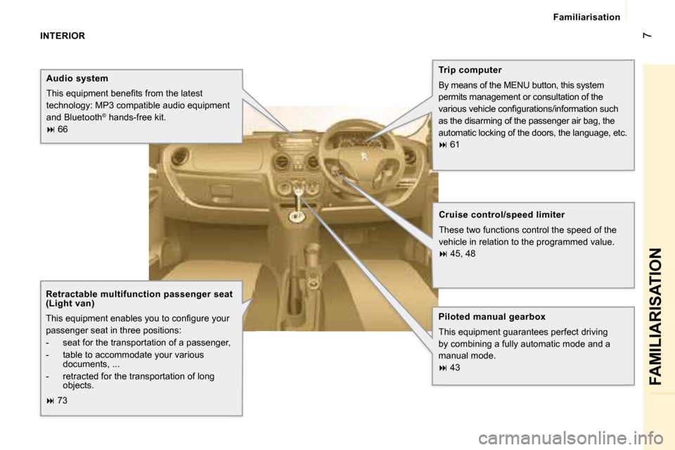 Peugeot Bipper 2008.5  Owners Manual 7
 Familiarisation 
 FAMILIARISATION 
 INTERIOR    Trip computer  
 By means of the MENU button, this system  
permits management or consultation of the 
�v�a�r�i�o�u�s� �v�e�h�i�c�l�e� �c�o�n�ﬁ� �g