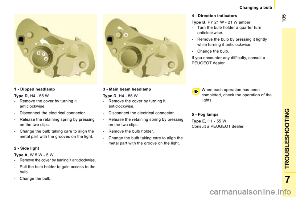 Peugeot Bipper 2008  Owners Manual 105
7
TROUBLESHOOTING
   Changing a bulb   
  1 - Dipped headlamp 
  
Type D  
,  H4 - 55 W 
   -   Remove the cover by turning it  anticlockwise. 
  -   Disconnect the electrical connector.  
  -   R