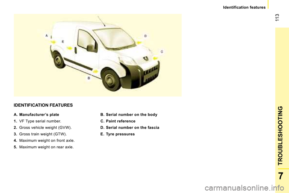 Peugeot Bipper 2008  Owners Manual 113
7
TROUBLESHOOTING
   Identification features   
 IDENTIFICATION FEATURES 
  
B.  Serial number on the body   
  
C.  Paint reference   
  
D.  Serial number on the fascia   
  
E.  Tyre pressures 
