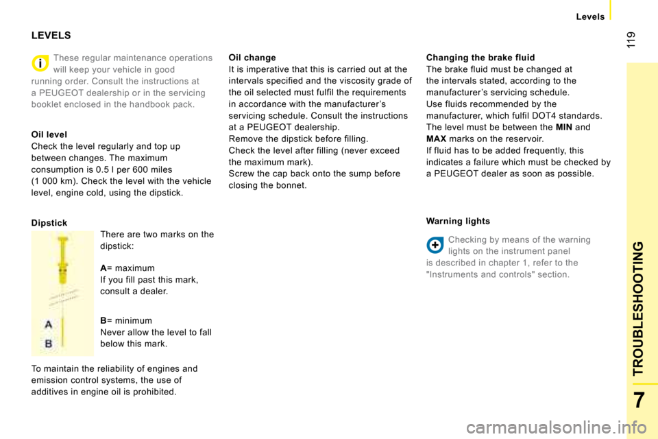 Peugeot Bipper 2008  Owners Manual 119
7
TROUBLESHOOTING
   Levels   
   These regular maintenance operations  
will keep your vehicle in good 
running order. Consult the instructions at 
a PEUGEOT dealership or in the servicing 
bookl