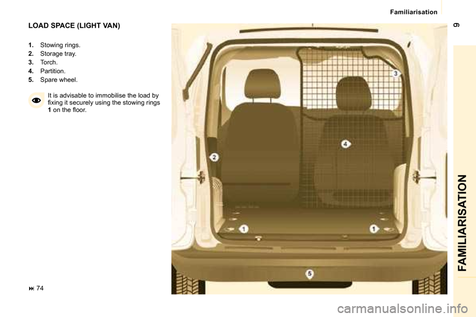Peugeot Bipper 2008  Owners Manual  FAMILIARISATION 
 Familiarisation 
 LOAD SPACE (LIGHT VAN) 
   
1.    Stowing rings. 
  
2.    Storage tray. 
  
3.    Torch. 
  
4.    Partition. 
  
5.    Spare wheel.  
   
�   74    It is advi