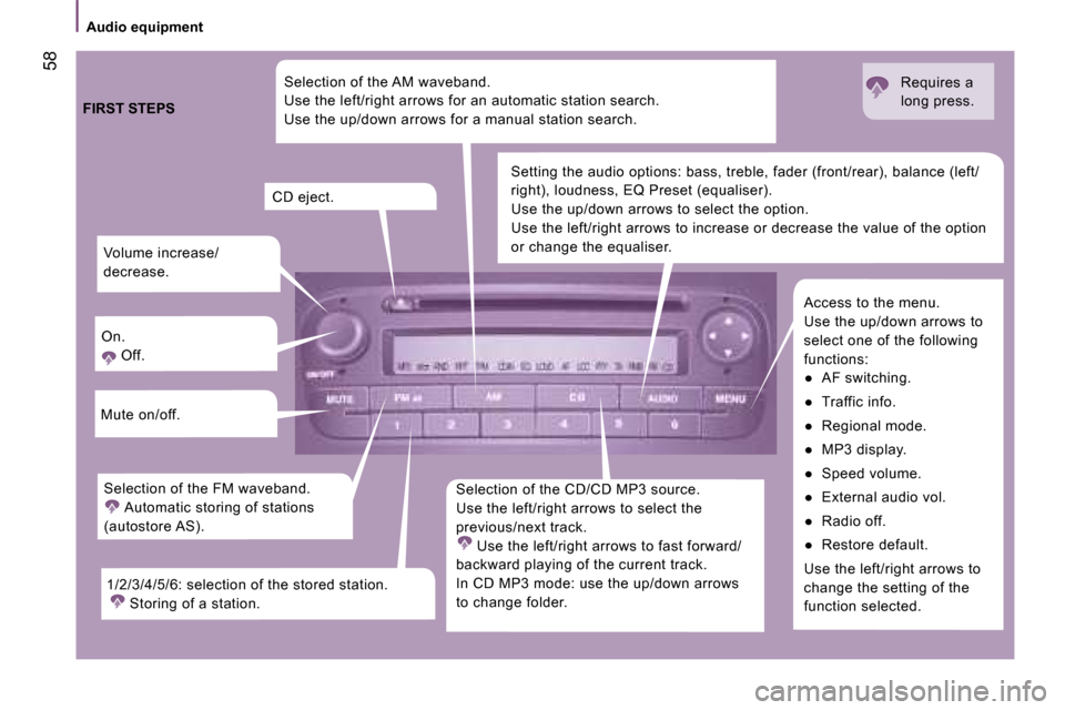 Peugeot Bipper 2008 Repair Manual 58
Audio equipment Volume increase/
decrease.
On. Off.
Mute on/off.
Selection of the CD/CD MP3 source.
Use the left/right arrows to select the
previous/next track. Use the le Peugeot Bipper 2008 Repair Manual 58
Audio equipment Volume increase/
decrease.
On. Off.
Mute on/off.
Selection of the CD/CD MP3 source.
Use the left/right arrows to select the
previous/next track. Use the le