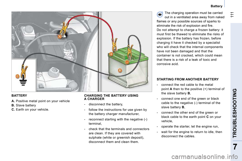 Peugeot Bipper Dag 2009 Owners Manual 111
7
TROUBLESHOOTING
Battery
BATTERY
A. Positive metal point on your vehicle
B. Slave battery
C. Earth on your vehicle.
CHARGING THE BATTERY USING A CHARGER
- disco Peugeot Bipper Dag 2009 Owners Manual 111
7
TROUBLESHOOTING
Battery
BATTERY
A. Positive metal point on your vehicle
B. Slave battery
C. Earth on your vehicle.
CHARGING THE BATTERY USING A CHARGER
- disco