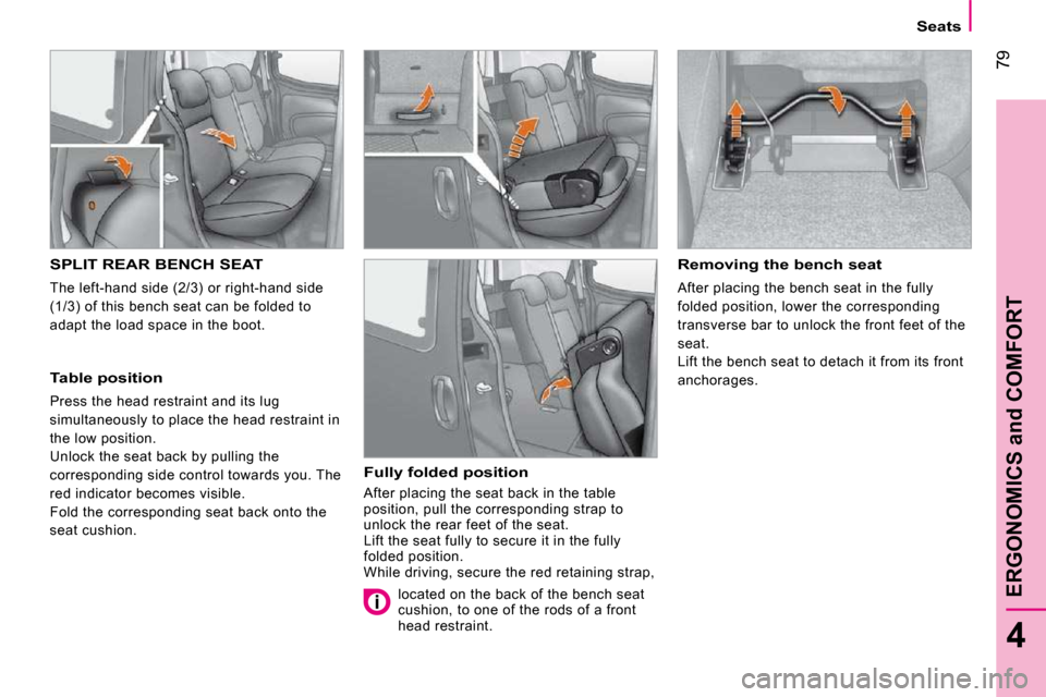 Peugeot Bipper Dag 2009 Owners Manual 79
4
ERGONOMICS and COMFORT
Seats
SPLIT REAR BENCH SEAT
The left-hand side (2/3) or right-hand side
(1/3) of this bench seat can be folded to
adapt the load space in the boot.
Tab Peugeot Bipper Dag 2009 Owners Manual 79
4
ERGONOMICS and COMFORT
Seats
SPLIT REAR BENCH SEAT
The left-hand side (2/3) or right-hand side
(1/3) of this bench seat can be folded to
adapt the load space in the boot.
Tab
