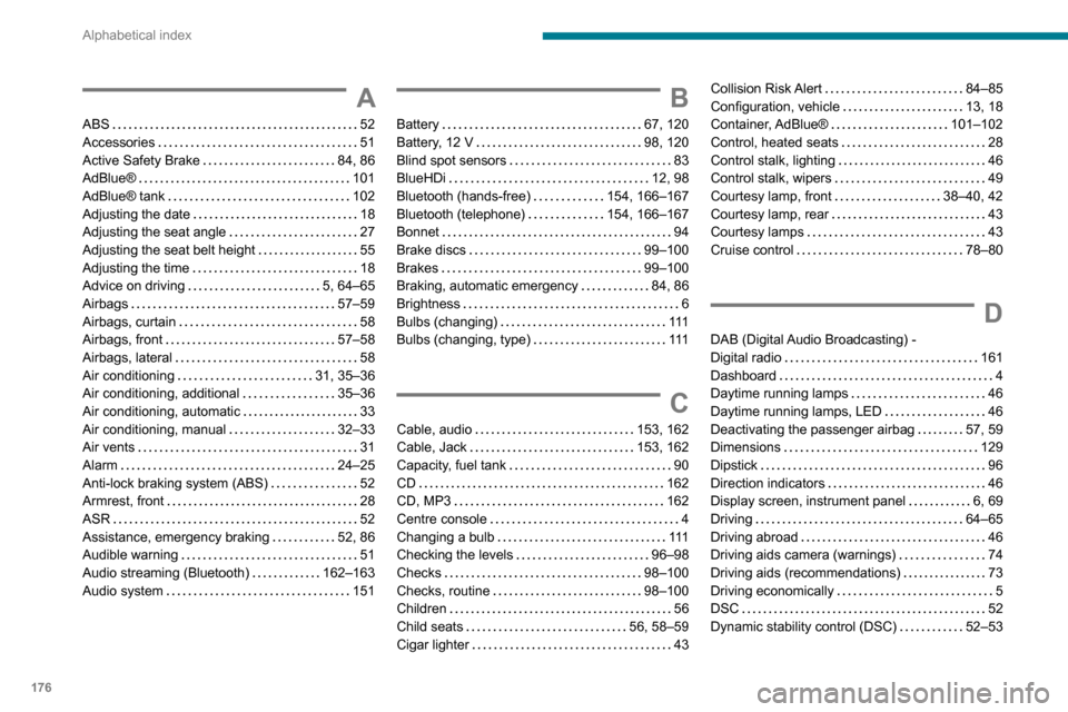 Peugeot Boxer 2020  Owners Manual 176
Alphabetical index
A
ABS   52Accessories   51Active Safety Brake   84, 86AdBlue®   101AdBlue® tank   102Adjusting the date   18Adjusting the seat angle   27
Adjusting the seat belt height   55Ad