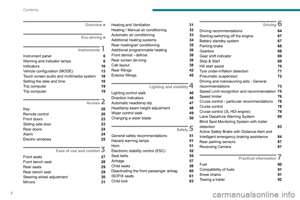 Peugeot Boxer 2020  Owners Manual 2
Contents
 
 
 
 
 
   ■
Overview
  ■
Eco-driving
 1Instruments
Instrument panel  6
Warning and indicator lamps  6
Indicators  10
Vehicle configuration (MODE) 
 13
Touch screen audio and mult
