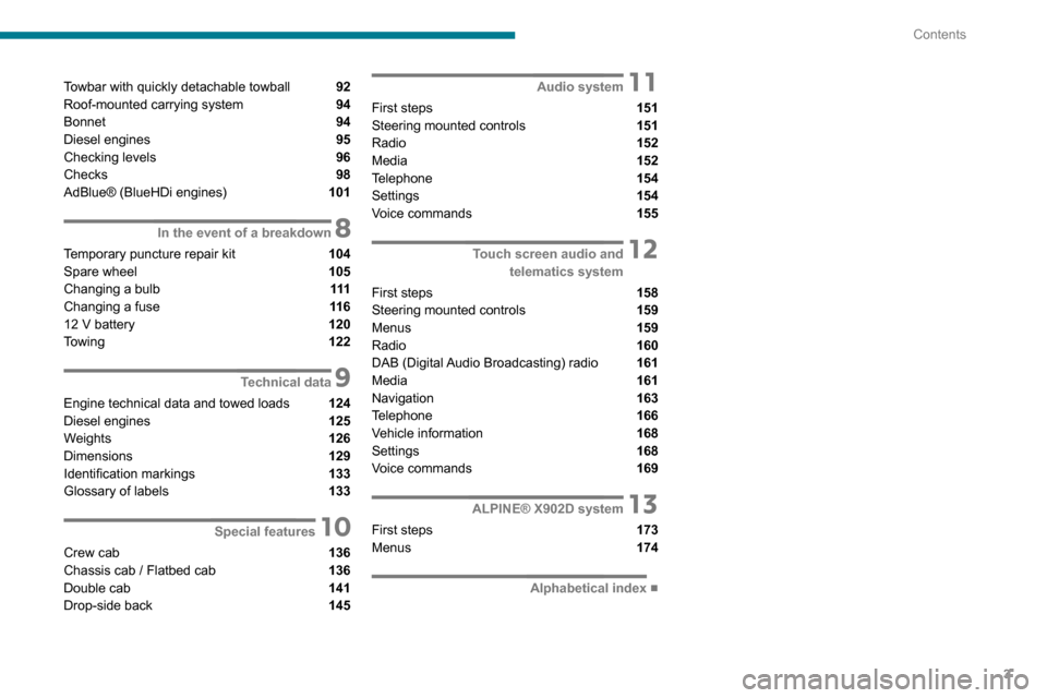 Peugeot Boxer 2020  Owners Manual 3
Contents
Towbar with quickly detachable towball  92
Roof-mounted carrying system  94
Bonnet  94
Diesel engines  95
Checking levels  96
Checks  98
AdBlue® (BlueHDi engines)  101
 8In the event of a 
