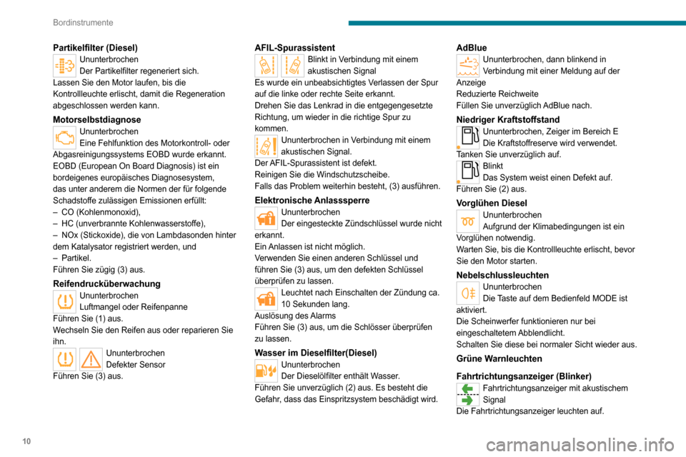 Peugeot Boxer 2020  Betriebsanleitung (in German) 10
Bordinstrumente
Partikelfilter (Diesel)Ununterbrochen
Der Partikelfilter regeneriert sich.
Lassen Sie den Motor laufen, bis die 
Kontrollleuchte erlischt, damit die Regeneration 
abgeschlossen werd