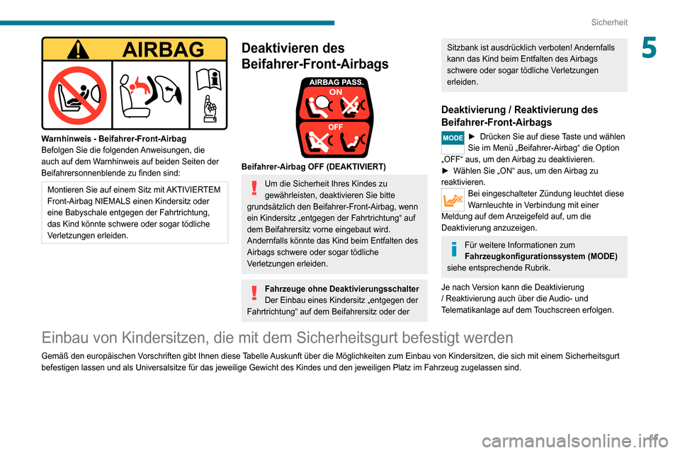 Peugeot Boxer 2020  Betriebsanleitung (in German) 65
Sicherheit
5
 
Warnhinweis - Beifahrer-Front-Airbag
Befolgen Sie die folgenden Anweisungen, die 
auch auf dem Warnhinweis auf beiden Seiten der 
Beifahrersonnenblende zu finden sind:
Montieren Sie 