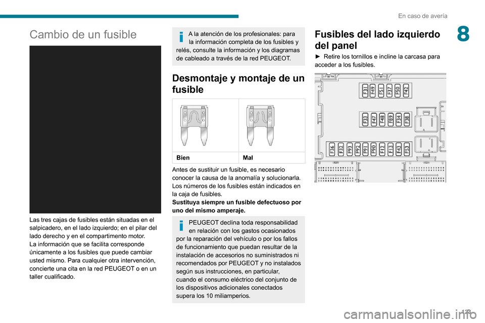 Peugeot Boxer 2020  Manual del propietario (in Spanish) 123
En caso de avería
8Cambio de un fusible 
 
Las tres cajas de fusibles están situadas en el 
salpicadero, en el lado izquierdo; en el pilar del 
lado derecho y en el compartimento motor.
La infor