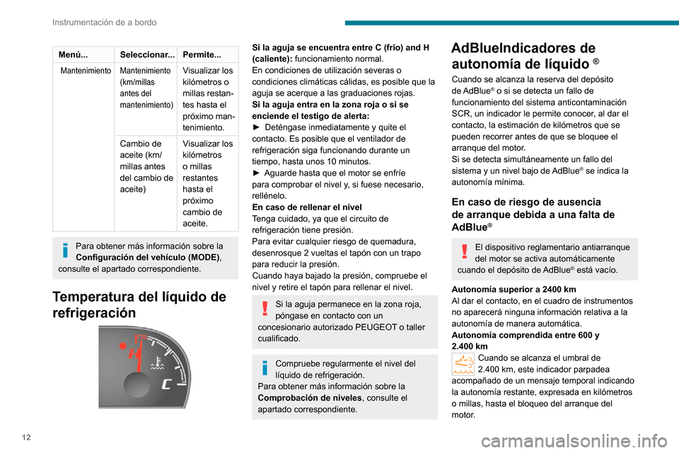 Peugeot Boxer 2020  Manual del propietario (in Spanish) 12
Instrumentación de a bordo
Menú...Seleccionar... Permite...
 Mantenimiento Mantenimiento 
(km/millas 
antes del 
mantenimiento)Visualizar los 
kilómetros o 
millas restan-
tes hasta el 
próximo