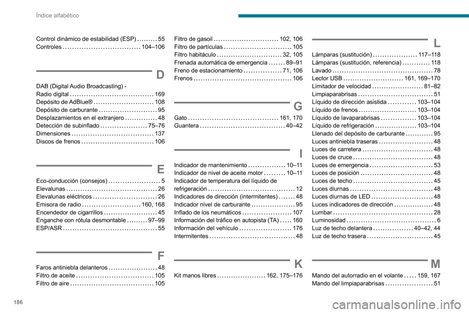 Peugeot Boxer 2020  Manual del propietario (in Spanish) 186
Índice alfabético
Control dinámico de estabilidad (ESP)   55Controles   104–106
D
DAB (Digital Audio Broadcasting) -  Radio digital   169Depósito de AdBlue®   108
Depósito de carburante   