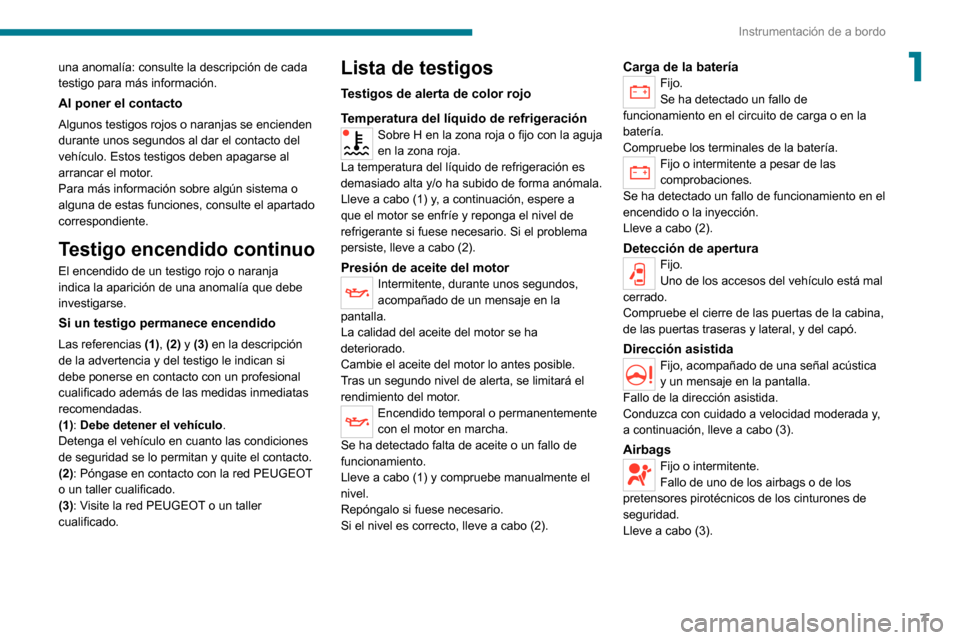 Peugeot Boxer 2020  Manual del propietario (in Spanish) 7
Instrumentación de a bordo
1una anomalía: consulte la descripción de cada 
testigo para más información.
Al poner el contacto
Algunos testigos rojos o naranjas se encienden 
durante unos segund
