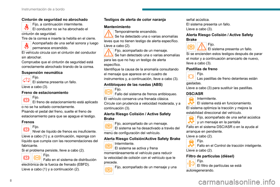 Peugeot Boxer 2020  Manual del propietario (in Spanish) 8
Instrumentación de a bordo
Cinturón de seguridad no abrochadoFijo, a continuación intermitente.
El conductor no se ha abrochado el 
cinturón de seguridad.
Tire de la correa e inserte la hebilla 