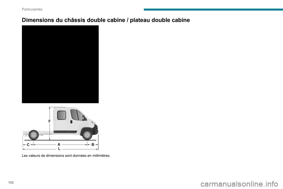 Peugeot Boxer 2020 Manuel du propriétaire (in French) 152
Particularités
Dimensions du châssis double cabine / plateau double cabine
Les valeurs de dimensions sont données en millimètres. Peugeot Boxer 2020 Manuel du propriétaire (in French) 152
Particularités
Dimensions du châssis double cabine / plateau double cabine
Les valeurs de dimensions sont données en millimètres.