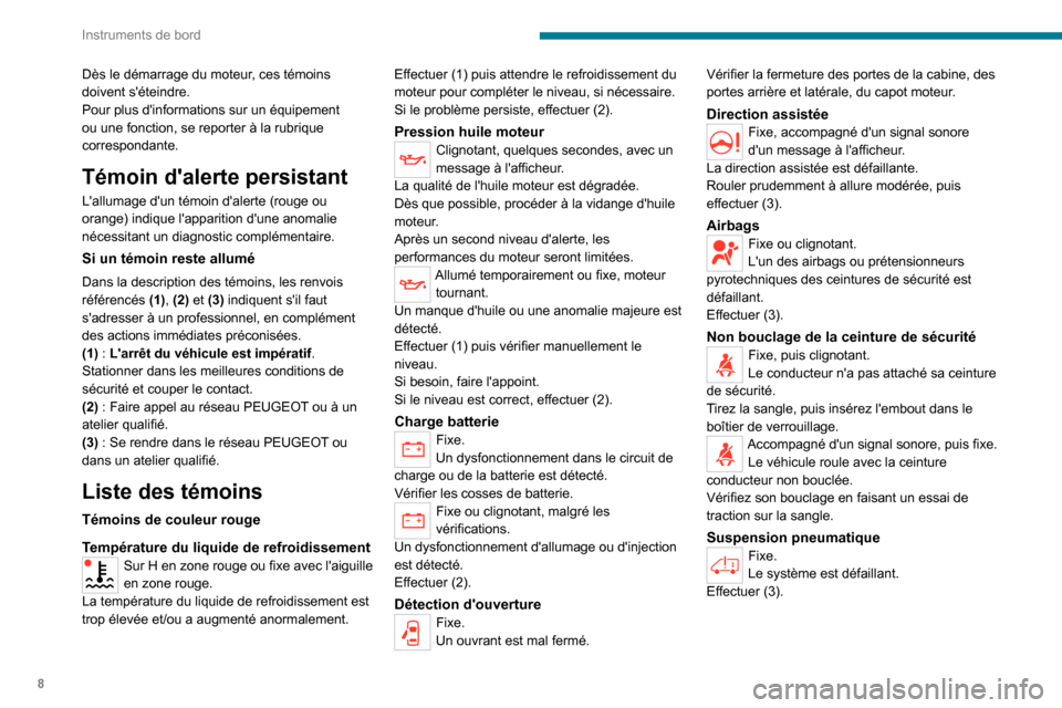 Peugeot Boxer 2020  Manuel du propriétaire (in French) 8
Instruments de bord
Dès le démarrage du moteur, ces témoins 
doivent séteindre.
Pour plus dinformations sur un équipement 
ou une fonction, se reporter à la rubrique 
correspondante.
Témoin