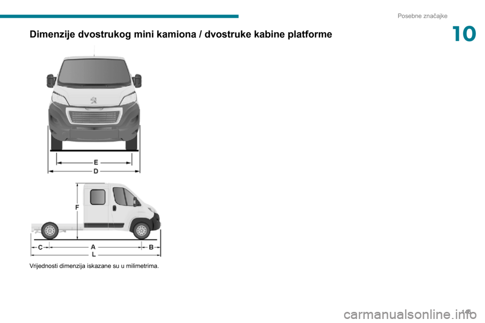 Peugeot Boxer 2020  Vodič za korisnike (in Croatian) 145
Posebne značajke
10Dimenzije dvostrukog mini kamiona / dvostruke kabine platforme 
  
 
Vrijednosti dimenzija iskazane su u milimetrima.   