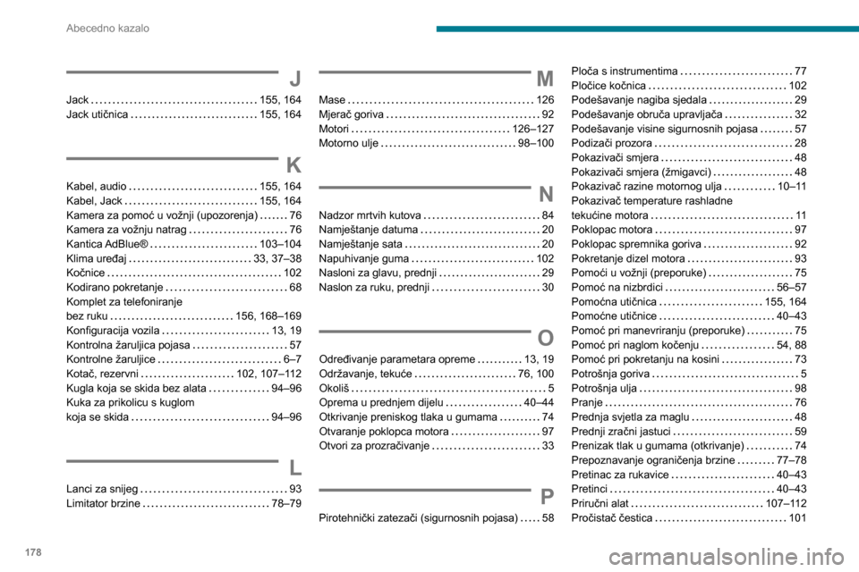 Peugeot Boxer 2020  Vodič za korisnike (in Croatian) 178
Abecedno kazalo
J
Jack   155, 164Jack utičnica   155, 164
K
Kabel, audio   155, 164
Kabel, Jack   155, 164Kamera za pomoć u vožnji (upozorenja)   76Kamera za vožnju natrag   76Kantica AdBlue®