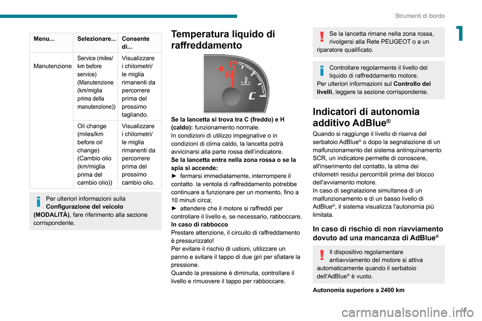 Peugeot Boxer 2020  Manuale del proprietario (in Italian) 13
Strumenti di bordo
1Menu...Selezionare... Consente 
di...
 
Manutenzione
Service (miles/
km before 
service) 
(Manutenzione 
(km/miglia 
prima della 
manutenzione))Visualizzare 
i chilometri/
le mi