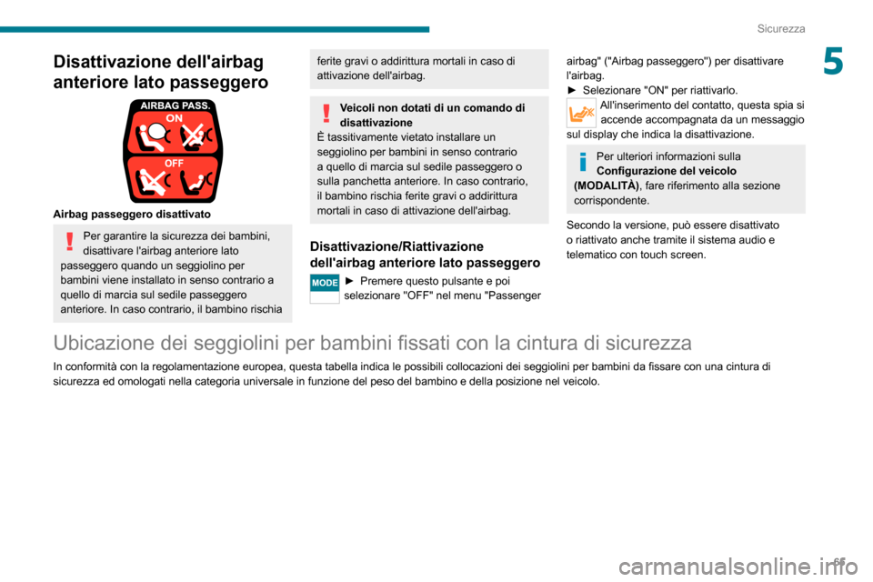 Peugeot Boxer 2020  Manuale del proprietario (in Italian) 65
Sicurezza
5Disattivazione dellairbag 
anteriore lato passeggero
 
 
Airbag passeggero disattivato
Per garantire la sicurezza dei bambini, 
disattivare lairbag anteriore lato 
passeggero quando un