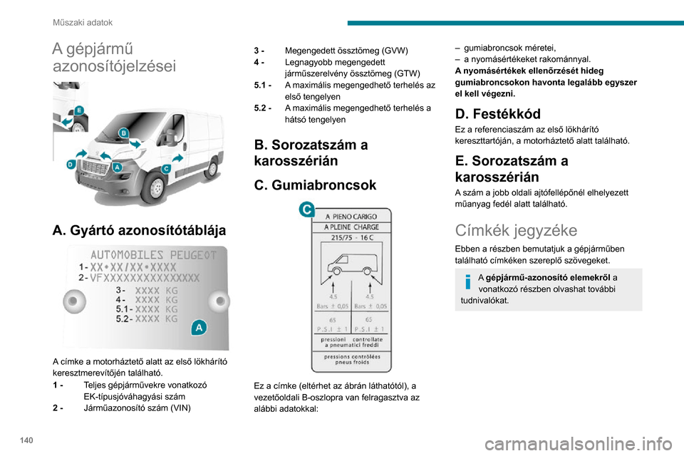 Peugeot Boxer 2020  Kezelési útmutató (in Hungarian) 140
Műszaki adatok
A motortérben 
 
A
Eredeti festés
Szín
Kód
Festés
B
KIZÁRÓLAG BIKÁZÁSNÁL
C
VESZÉLY
AUTOMATIKUS MOTORINDÍTÁS. HÚZZA KI A 
GYÚJTÁSKULCSOT, HA A MOTORHÁZTETŐ 
NYITVA