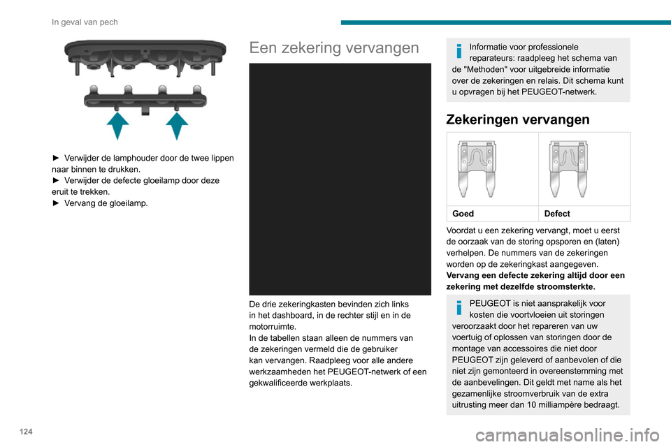 Peugeot Boxer 2020  Handleiding (in Dutch) 124
In geval van pech
 
► Verwijder de lamphouder door de twee lippen naar binnen te drukken.► Verwijder de defecte gloeilamp door deze eruit te trekken.► Vervang de gloeilamp.
Een zekering verv