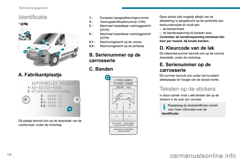 Peugeot Boxer 2020  Handleiding (in Dutch) 142
Technische gegevens
In de motorruimte 
 
A
Originele lak
Kleur
Code
Lak
B
UITSLUITEND VOOR HULP.
C
GEVAAR
AUTOMATISCH STARTEN VAN DE MOTOR. 
HAAL DE SLEUTEL UIT HET CONTACTSLOT 
ALS DE MOTORKAP IS