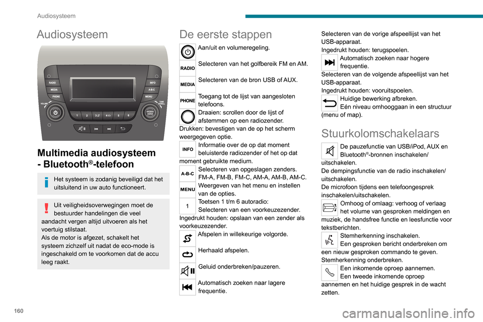 Peugeot Boxer 2020  Handleiding (in Dutch) 160
Audiosysteem
Audiosysteem 
 
Multimedia audiosysteem 
- Bluetooth
®-telefoon
Het systeem is zodanig beveiligd dat het 
uitsluitend in uw auto functioneert.
Uit veiligheidsoverwegingen moet de 
be