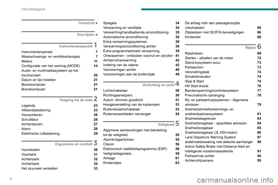 Peugeot Boxer 2020  Handleiding (in Dutch) 2
Inhoudsopgave
 
 
 
 
 
   ■
Overzicht
  ■
Eco-rijden
 1Instrumentenpaneel
Instrumentenpaneel  7
Waarschuwings- en verklikkerlampjes  7
Meters  11
Configuratie van het voertuig (MODE) 
 14
A