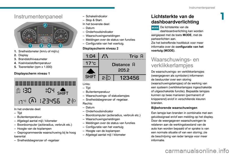 Peugeot Boxer 2020  Handleiding (in Dutch) 7
Instrumentenpaneel
1Instrumentenpaneel 
 
1.Snelheidsmeter (km/u of mijl/u)
2. Display
3. Brandstofniveaumeter
4. Koelvloeistoftemperatuur
5. Toerenteller (rpm x 1.000)
Displayscherm niveau 1 
 
In 