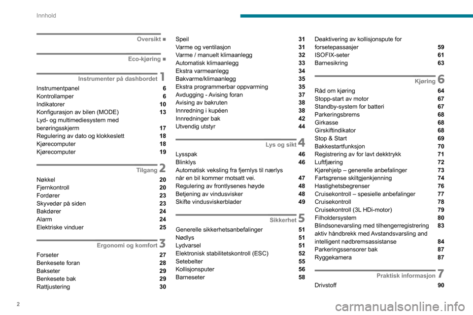 Peugeot Boxer 2020  Brukerhåndbok (in Norwegian) 2
Innhold
 
 
 
 
 
   ■
Oversikt
  ■
Eco-kjøring
 1Instrumenter på dashbordet
Instrumentpanel  6
Kontrollamper  6
Indikatorer  10
Konfigurasjon av bilen (MODE) 
 13
Lyd- og multimediesystem