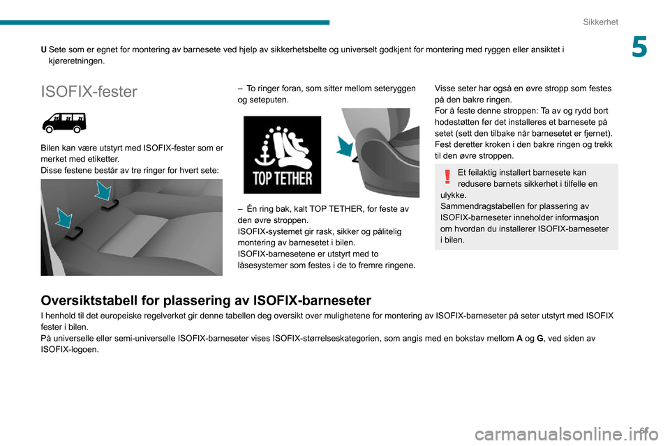 Peugeot Boxer 2020  Brukerhåndbok (in Norwegian) 61
Sikkerhet
5USete som er egnet for montering av barnesete ved hjelp av sikkerhetsbelte og universelt godkjent for montering med ryggen eller ansiktet i 
kjøreretningen.
ISOFIX-fester 
 
Bilen kan v