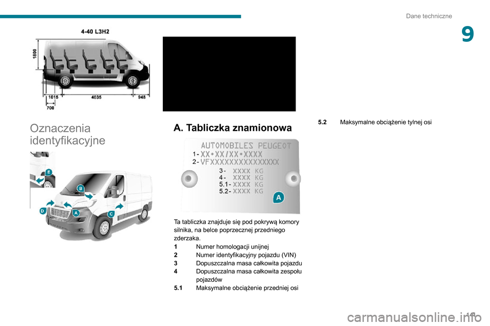 Peugeot Boxer 2020  Instrukcja Obsługi (in Polish) 141
Dane techniczne
9
 
Oznaczenia 
identyfikacyjne
 
 
A. Tabliczka znamionowa 
 
Ta tabliczka znajduje się pod pokrywą komory 
silnika, na belce poprzecznej przedniego 
zderzaka.
1Numer homologacj