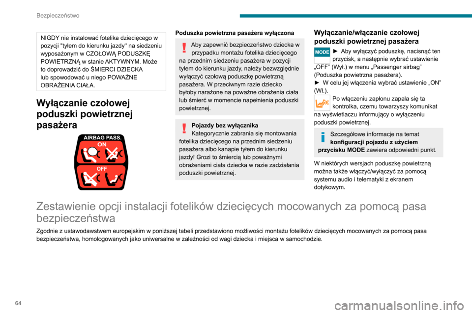 Peugeot Boxer 2020  Instrukcja Obsługi (in Polish) 64
Bezpieczeństwo
NIGDY nie instalować fotelika dziecięcego w 
pozycji "tyłem do kierunku jazdy" na siedzeniu 
wyposażonym w CZOŁOWĄ PODUSZKĘ 
POWIETRZNĄ w stanie AKTYWNYM. Może 
to doprowad