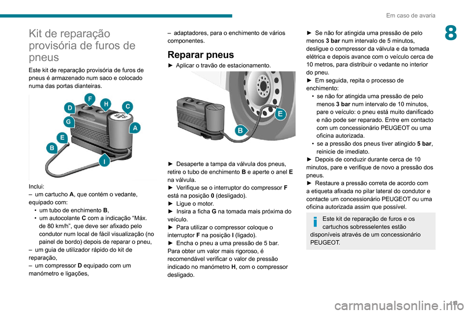 Peugeot Boxer 2020  Manual do proprietário (in Portuguese) 111
Em caso de avaria
8Kit de reparação 
provisória de furos de 
pneus
Este kit de reparação provisória de furos de 
pneus é armazenado num saco e colocado 
numa das portas dianteiras.
 
 
Incl