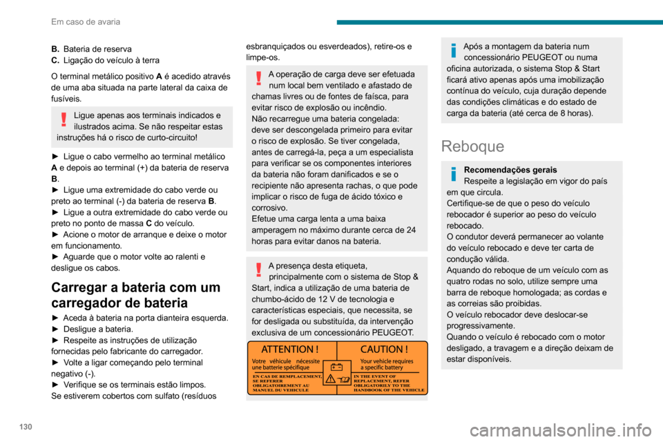 Peugeot Boxer 2020 Manual do proprietário (in Portuguese) 130
Em caso de avaria
Rebocar o veículo
A argola de reboque amovível está situada
na caixa de ferramentas debaixo do banco do
passageiro dianteiro.
► Desencaixe a tampa com uma ferramenta
plan Peugeot Boxer 2020 Manual do proprietário (in Portuguese) 130
Em caso de avaria
Rebocar o veículo
A argola de reboque amovível está situada
na caixa de ferramentas debaixo do banco do
passageiro dianteiro.
► Desencaixe a tampa com uma ferramenta
plan