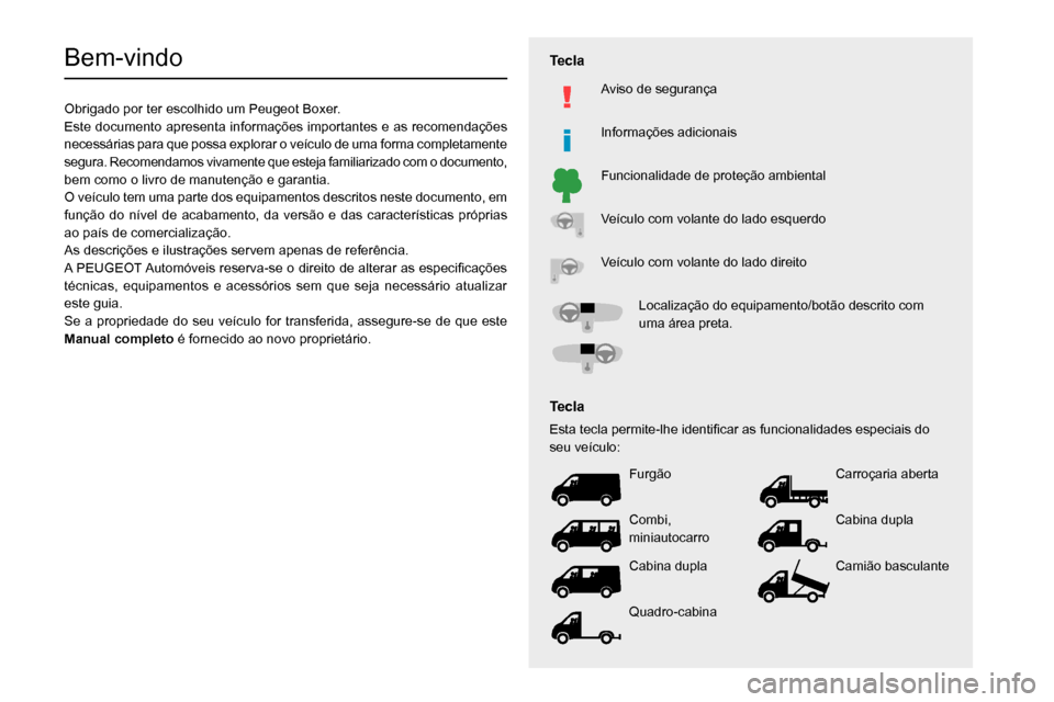 Peugeot Boxer 2020  Manual do proprietário (in Portuguese)   
 
 
 
 
 
 
 
  
 
 
  
 
 
  
  
   
   
 
  
Bem-vindo
Obrigado por ter escolhido um Peugeot Boxer.
Este documento apresenta informa