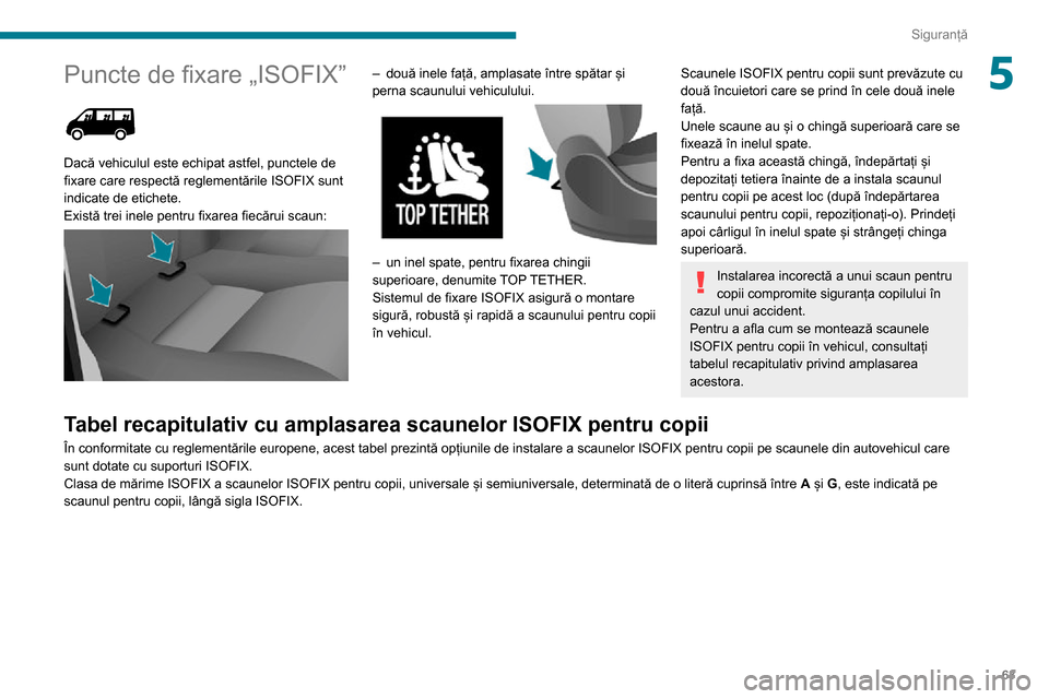 Peugeot Boxer 2020 Manualul de utilizare (in Romanian) 63
Siguranță
5Puncte de fixare „ISOFIX”
Dacă vehiculul este echipat astfel, punctele de
fixare care respectă reglementările ISOFIX sunt
indicate de etichete.
Există trei inele pentru fi Peugeot Boxer 2020 Manualul de utilizare (in Romanian) 63
Siguranță
5Puncte de fixare „ISOFIX”
Dacă vehiculul este echipat astfel, punctele de
fixare care respectă reglementările ISOFIX sunt
indicate de etichete.
Există trei inele pentru fi