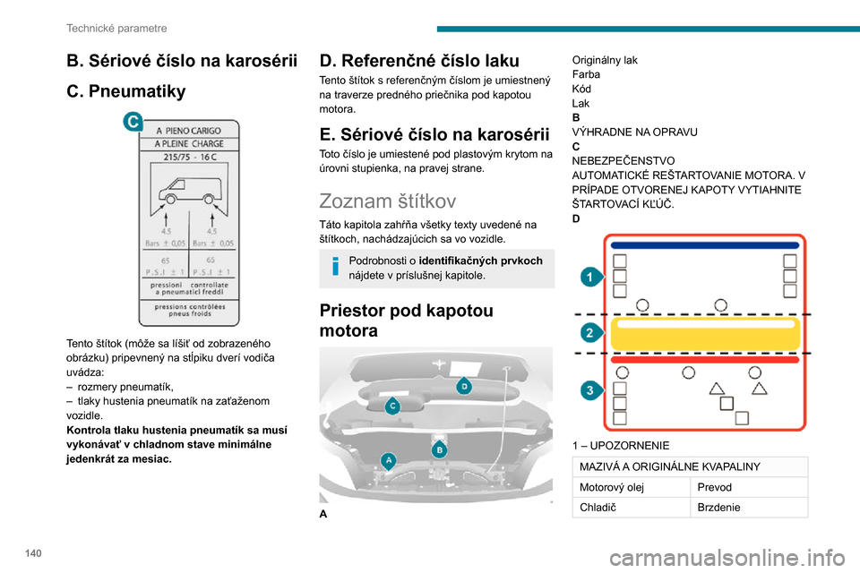 Peugeot Boxer 2020 Užívateľská príručka (in Slovak) 140
Technické parametre
B. Sériové číslo na karosérii
C. Pneumatiky
Tento štítok (môže sa líšiť od zobrazeného
obrázku) pripevnený na stĺpiku dverí vodiča
uvádza:
– rozmery Peugeot Boxer 2020 Užívateľská príručka (in Slovak) 140
Technické parametre
B. Sériové číslo na karosérii
C. Pneumatiky
Tento štítok (môže sa líšiť od zobrazeného
obrázku) pripevnený na stĺpiku dverí vodiča
uvádza:
– rozmery