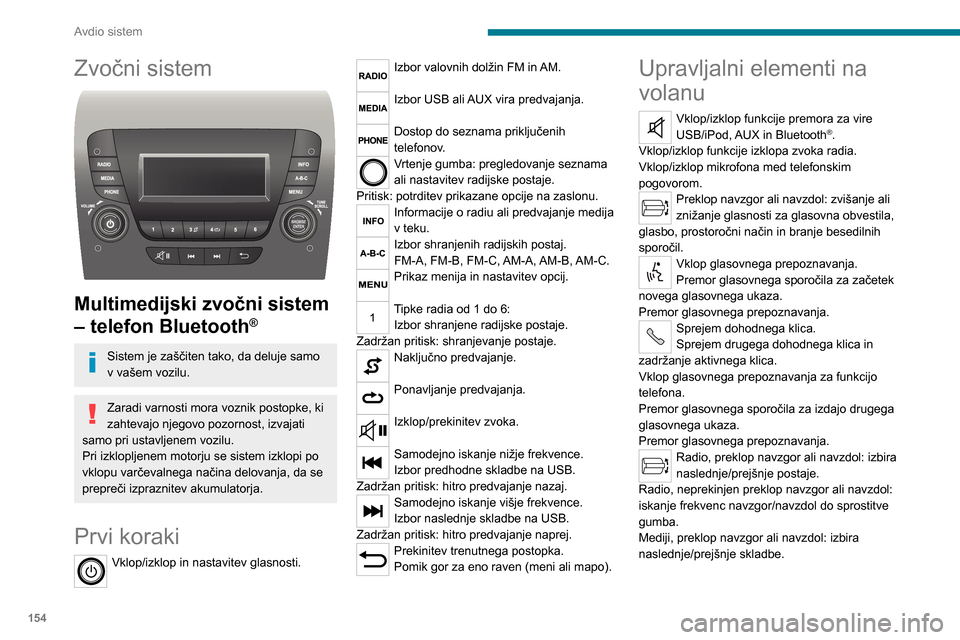 Peugeot Boxer 2020  Priročnik za lastnika (in Slovenian) 154
Avdio sistem
Zvočni sistem 
 
Multimedijski zvočni sistem 
– telefon Bluetooth
®
Sistem je zaščiten tako, da deluje samo 
v vašem vozilu.
Zaradi varnosti mora voznik postopke, ki 
zahtevaj