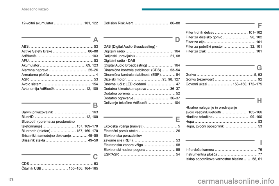 Peugeot Boxer 2020  Priročnik za lastnika (in Slovenian) 178
Abecedno kazalo
12-voltni akumulator   101, 122
A
ABS   53Active Safety Brake   86–88AdBlue®   103AFU   53
Akumulator   69, 123Alarmna naprava   25–26Armaturna plošča   4ASR   53Avdio siste