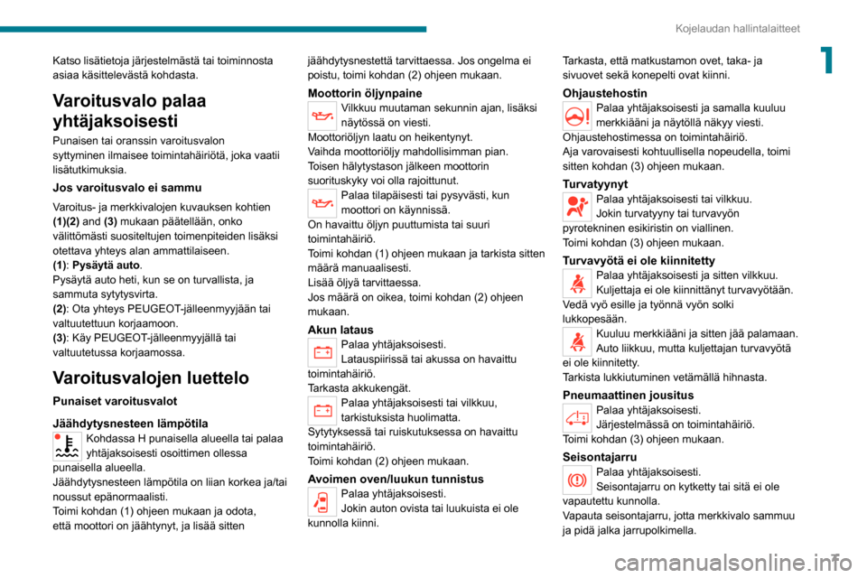 Peugeot Boxer 2020  Omistajan käsikirja (in Finnish) 7
Kojelaudan hallintalaitteet
1Katso lisätietoja järjestelmästä tai toiminnosta 
asiaa käsittelevästä kohdasta.
Varoitusvalo palaa 
yhtäjaksoisesti
Punaisen tai oranssin varoitusvalon 
syttymi