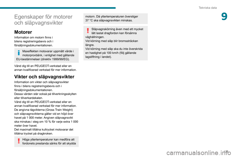 Peugeot Boxer 2020 Ägarmanual (in Swedish) 125
Tekniska data
9Egenskaper för motorer
och släpvagnsvikter
Motorer
Information om motorn finns i
bilens registreringsbevis och i
försäljningsdokumentationen.
Maxeffekten motsvarar uppmätt v Peugeot Boxer 2020 Ägarmanual (in Swedish) 125
Tekniska data
9Egenskaper för motorer
och släpvagnsvikter
Motorer
Information om motorn finns i
bilens registreringsbevis och i
försäljningsdokumentationen.
Maxeffekten motsvarar uppmätt v