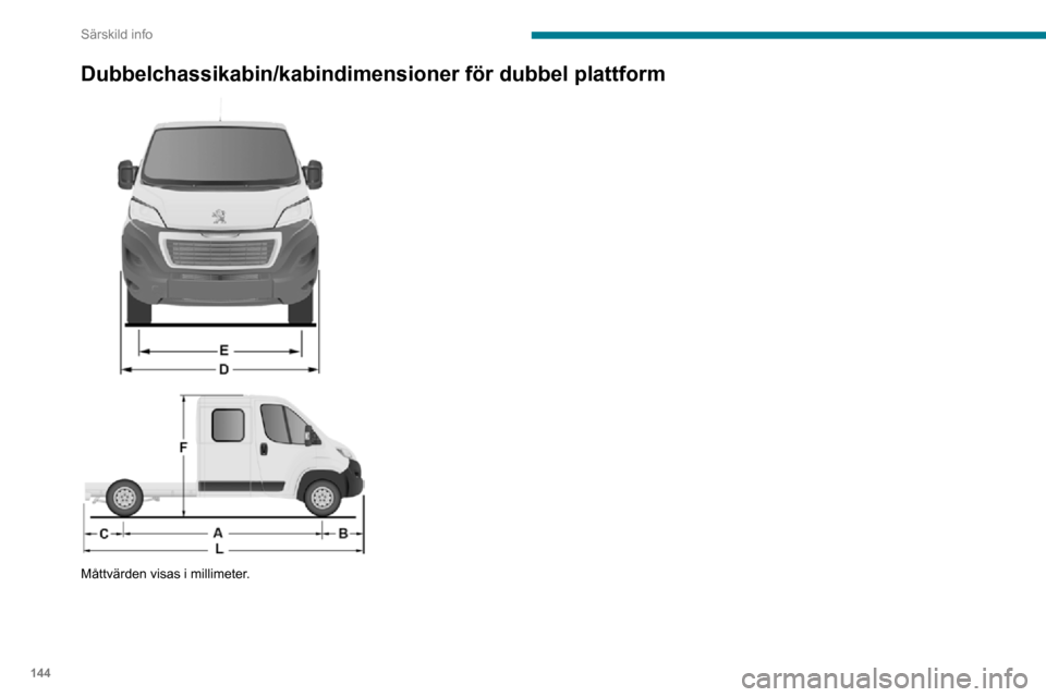 Peugeot Boxer 2020  Ägarmanual (in Swedish) 144
Särskild info
Dubbelchassikabin/kabindimensioner för dubbel plattform 
 
 
 
Måttvärden visas i millimeter.  